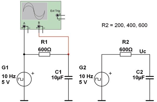 Obr. 1 RC obvod a vliv hodnot součástek na funkci